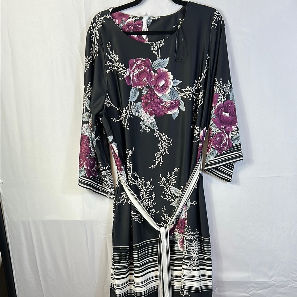NY Collection Black and Purple Floral Midi Dress Size 2X Flared Sleeves New